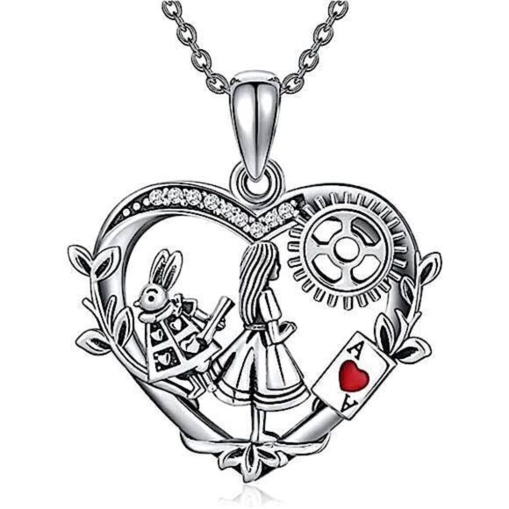 Fantasy Fairy Tale Core Alice White Rabbit Card Heart Charm Pendant Necklace